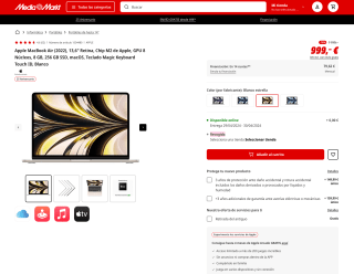 Apple MacBook Air 2022 13,6" Retina Chip M2 GPU 8 Núcleos 8 GB 256 GB SmacOS por solo 999€