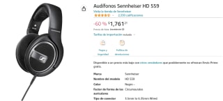 Audífonos Sennheiser HD 559 a $1,761 en Amazon