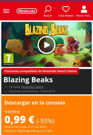 Blazing Beaks Nintendo Switch por 0,99€.