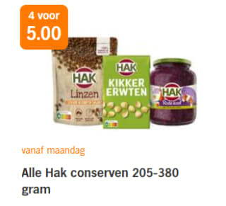 Alle Hak conserven 205-380 gram, 4 voor €5 bij de AH