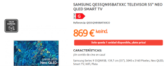 Televisión 55 pulgadas NeoQLED Samsung QE55QN95B con 4K 120Hz por 869€