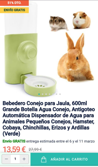 Bebedero para mascotas 600ml por 13,59€
