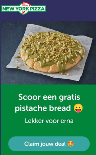 2 De pizza voor €1,99 en een gratis Pistache Bread bij New York Pizza via Tikkie