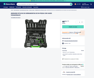 Estuche de herramientas 94 piezas con vasos hexagonales JBM54038 por solo 46,19€