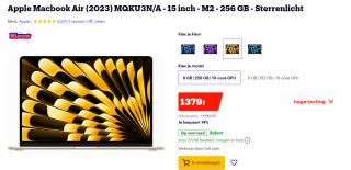 Apple MacBook Air 15" (2023) M2-chip 256GB (Starlight) voor €1379 bij Bol.com
