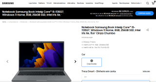 Notebook da Samsung, modelo com i5-1135G7 - R$ 3.059,10
