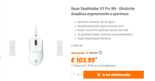 Razer DeathAdder V3 Pro White - Muis voor €103,99 bij NBB