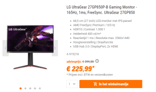 LG UltraGear 27GP850P-B Gaming Monitor - 165Hz voor €225,73 bij Nbb