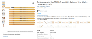 10 Rotuladores punta fina STABILO point 88 color naranja neón por 1,10€
