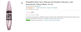 3 Maybelline New York, Máscara de Pestañas Volumen, Lash Sensational, Intense Black, 9,5 ml por 14.41€