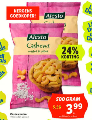 500 gram cashewnoten gebrand en gezouten voor €3,99 bij de Lidl