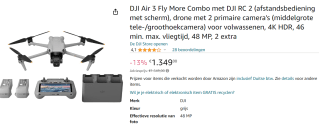 DJI Air 3 Fly More Combo - incl. DJI RC 2 voor €1.375,16 bij Amazon