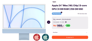 Apple iMac 24 inch M1 Chip 8-core GPU 8 GB RAM 256 GB SSD voor €988 bij Ibood