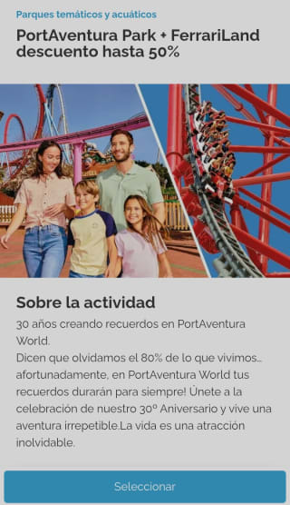 Port Aventura Park + Ferrari Land descuento hasta 50% por 10 puntos Travel Club cada entrada.