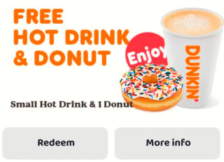 Bij downloaden van de Dunkin Donut app een gratis donut en klein warm drankje