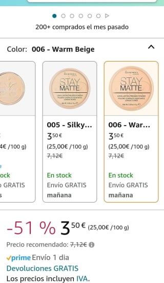 Rimmel London Stay Matte Base de Maquillaje Tono 006 Warm Beige, 14 gr por 3,50€.