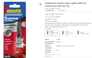 Pegamento imedio super rapido adhesivo instantáneo bote de 3 gr por 2,27€