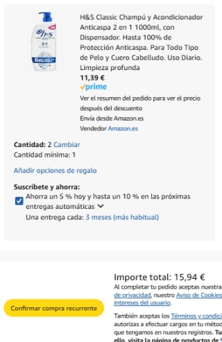 Pack 2 H&S Classic Champú y Acondicionador Anticaspa 2 en 1 1000ml por 15,94€