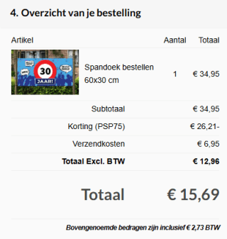 Spandoek met eigen ontwerp 75% korting, bijvoorbeeld 60x30 cm voor €15,69 incl. verzending