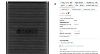 Transcend ESD270C 1000 GB Zwart externe SSD voor €49,99 bij Amazon