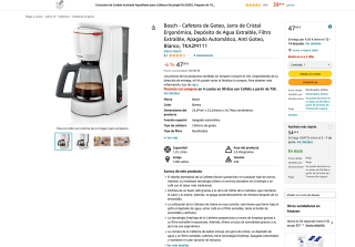 Cafetera de Goteo Bosch TKA2M111 Jarra de Cristal Ergonómica por 47,36€