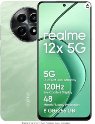 Smartphone 6.72" Realme 12X 5G, 256 Go, 8 Go, HD+ 120Hz, Dimensity 6100+, 5000 mAh à 151€