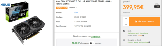 Tarjeta Gráfica Asus DUAL RTX 3060 Ti OC LHR MINI V2 8GB GDDR6 - VGA por 399.95€