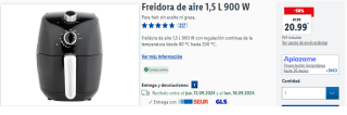 Freidora de aire de 1,5 L y 900 W por 20.99€