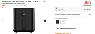 Freidora de aire Xiaomi Smart Air Fryer 6.5L, 1800W, 6.5L, 40-220ºC, Control por App por 57,84€