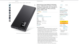 Bateria Externa carga Rapida 22.5W 12000mAh Power Bank con pantalla LED por 13,99€