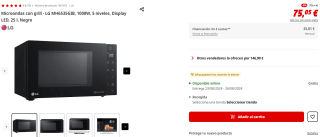 LG Microondas con grill, 1000 W, 25 litros, Smart Inverter, Display digital por 75,05€