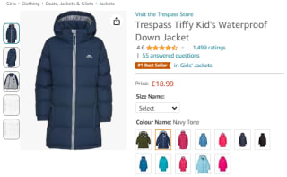 Receive Amazon's Trespass Tiffy kid's waterproof down jacket for £18.99