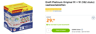 Dreft Vaatwastabletten Platinum regular 91 + 91 stuks voor €29,99 bij de Gamma