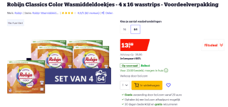 Robijn Classics Color Wasmiddeldoekjes - 4 x 16 wasstrips - Voordeelverpakking voor €13,59 bij bol.com