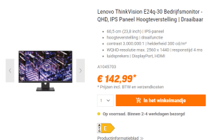 Lenovo ThinkVision E24q-30 computer monitor 60,5 cm (23.8") voor €142,99 bij Nbb