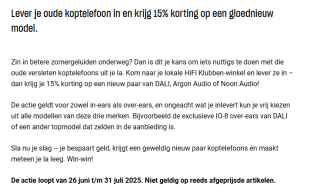15% korting op een nieuwe koptelefoon bij inruilen van een oude koptelefoon bij Hifi Klubben
