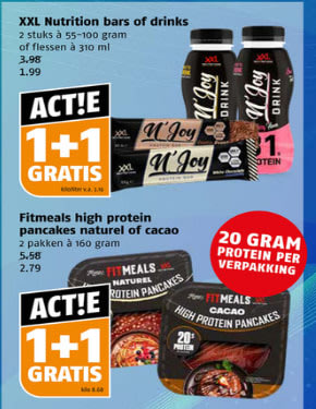 Diverse XXL nutrition bars of drinks 1+1 gratis bij Poiesz