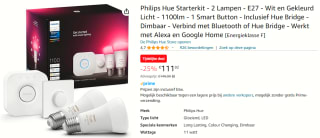 Philips Hue starterkit - White and Color Ambiance - 2 x 9W - E27 - 1100lm + Bridge & Smart Button voor €111,92 bij Amazon