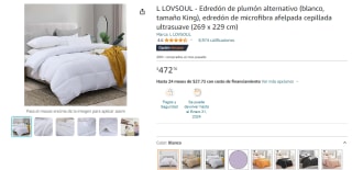 Edredón Blanco King Size L LOVSOUL por $473 en Amazon