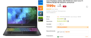 Ordenador Portatil Gaming Acer Predator Helios 300 PH315-54 con Intel Core i7-11800H de 16GB/1TB SSD por 1199€
