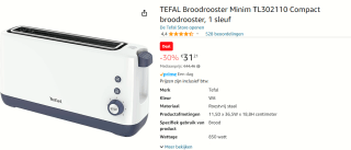 Tefal TL302110 broodrooster 1 snede(n) voor €31,21 bij Amazon