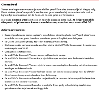 Bioscoopticket + Grote Pasta of Pizza naar keuze voor €14,50