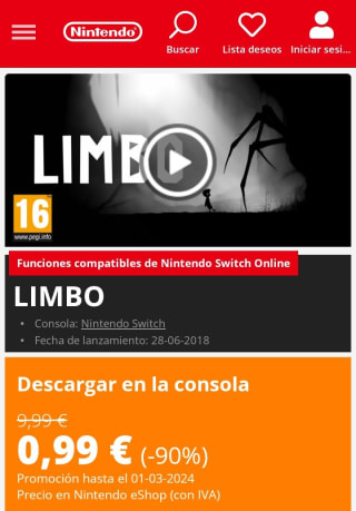 Limbo Nintendo Switch por 0,99€.