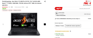 Portátil gaming Acer Nitro V 15 ANV15-41-R11K, 15.6" Full-HD, AMD Ryzen 7 7735HS, 16GB RAM, 1TB SSD, GeForce RTX 4060 por 679,15€