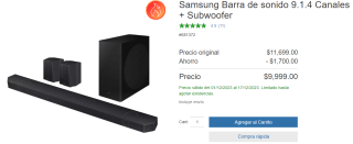 Barra de sonido Samsung 9.1.4 + Subwoofer por $9999 en Costco
