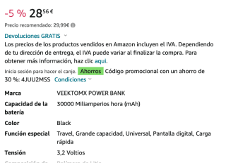 Batería Externa 30000mAh VEEKTOMX por solo 19,99€