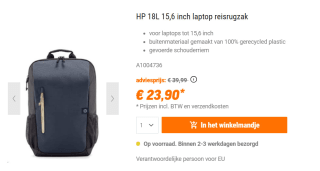 HP 18L 15,6 inch laptop reisrugzak voor €23,90 bij NBB