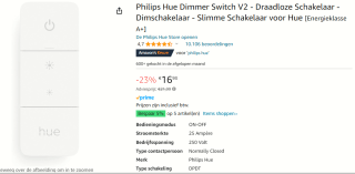 Philips Hue Dimmer Switch Draadloze schakelaar voor €16,93 bij Amazon