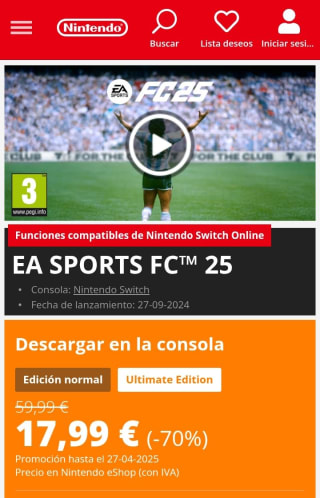 EA Sports FC 25 Nintendo Switch por 17,99€.