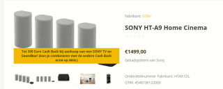SONY HTA9.CEL Wireless Home Cinema systeem voor €119 na cashback bij Tvspecialisten